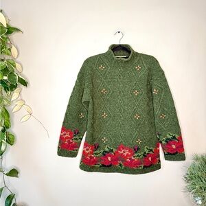 L.L. Bean Olive Sweater with Red Floral Pattern